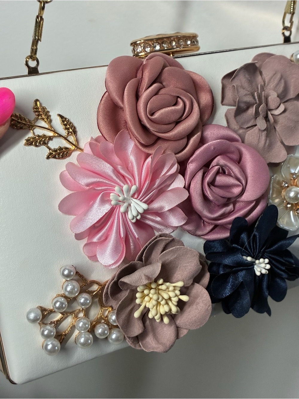 White Floral Applique Evening Clutch with Mixed Flower Accents - Picture 7 of 8